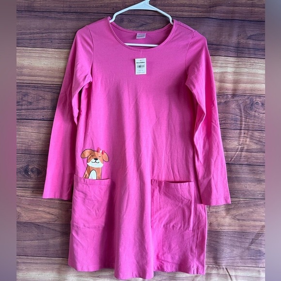 Hanna Andersson Other - Hanna Andersson Girls Pink Dog Pocket Long Sleeve Knit Dress Size 150 US 12 NWT